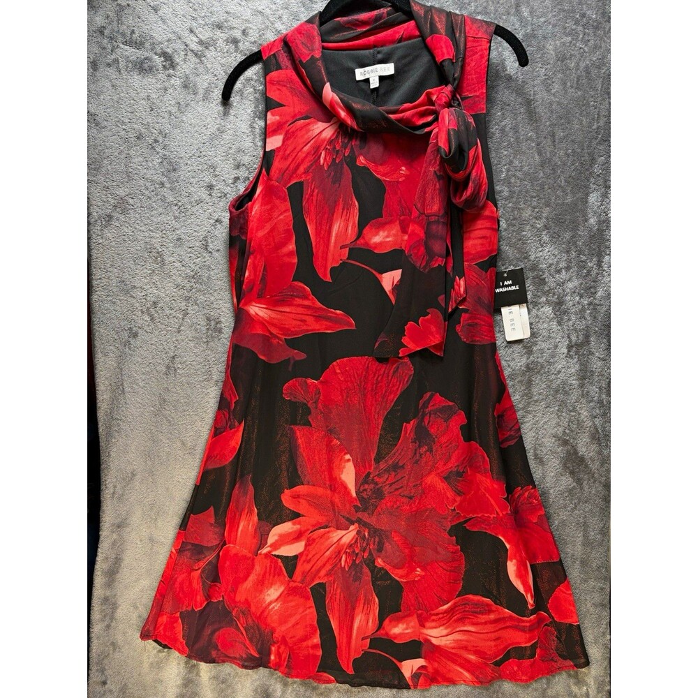 Robbie Bee Red/Black Floral Cowl Neck Sleeveless Sheath Dress Chiffon Lined 8